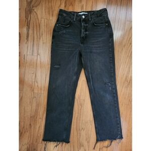 Zara Black Jeans Womens Size 4 Distressed High Rise‎ Straight Leg Crop Raw Hem